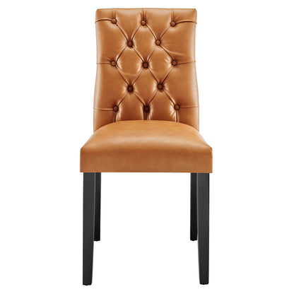 Tan vinyl dining chair with tufted back and diamond-button pattern, cushioned seat, dark wood legs