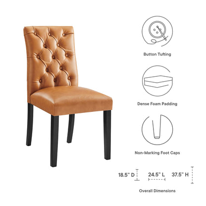 Tan vinyl dining chair with button tufting, dense foam padding, and dark legs.