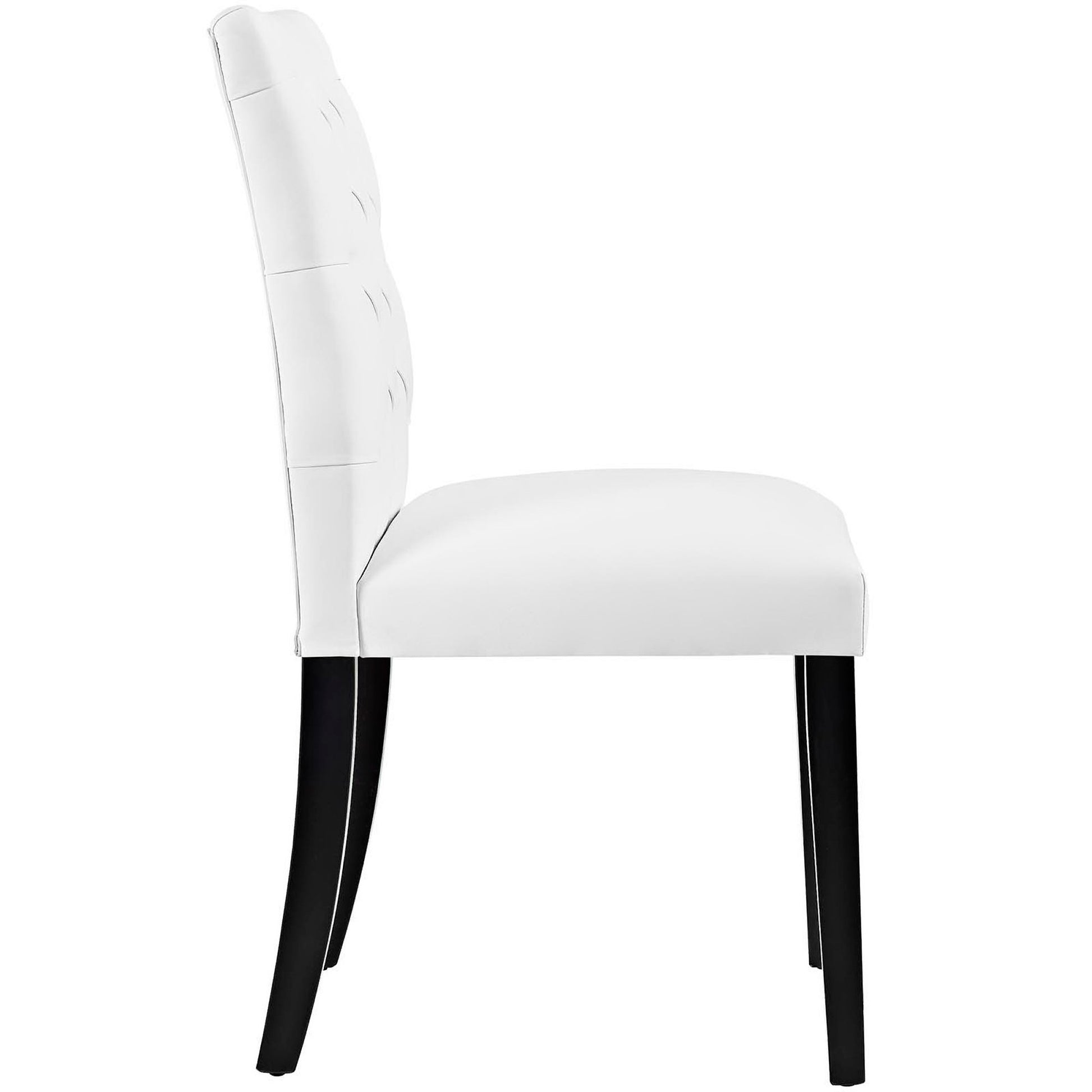 White vinyl dining chairs with tufted backs, cushioned seats, black legs.