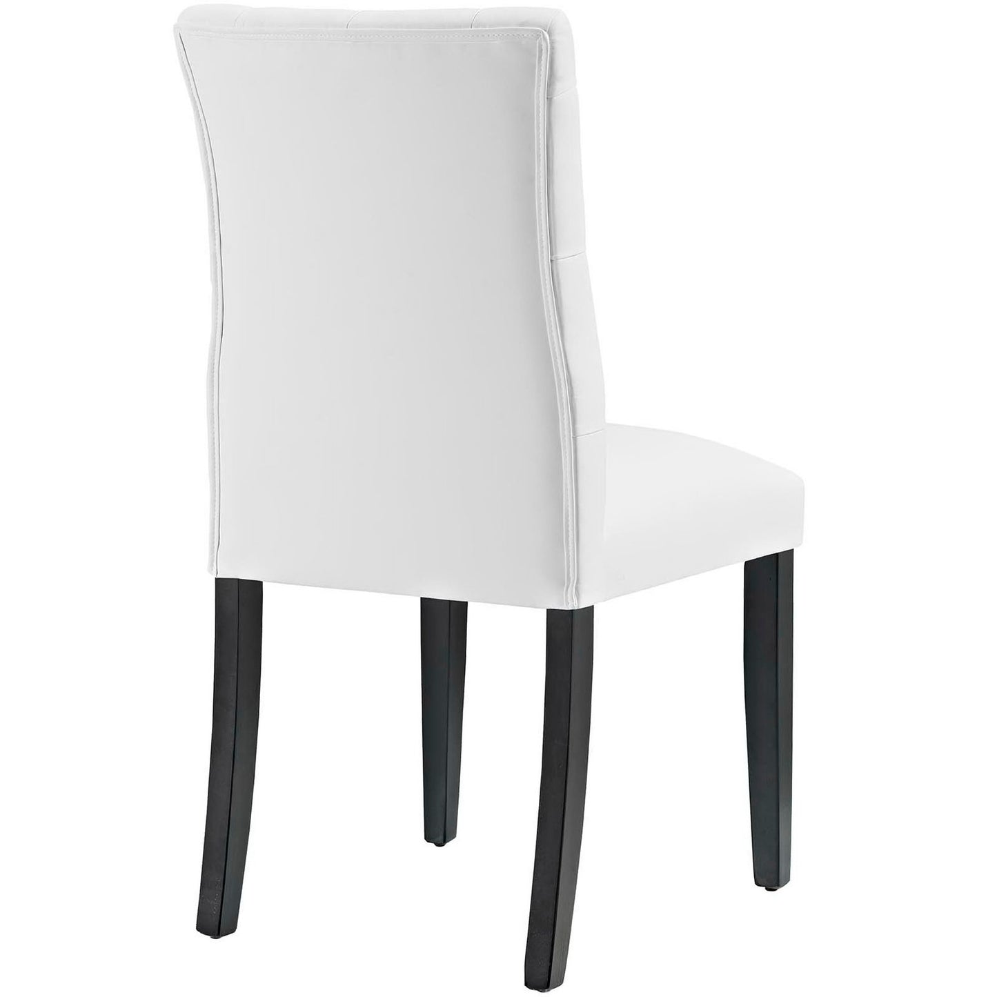White vinyl dining chair with curved high back, padded seat and dark wood legs
