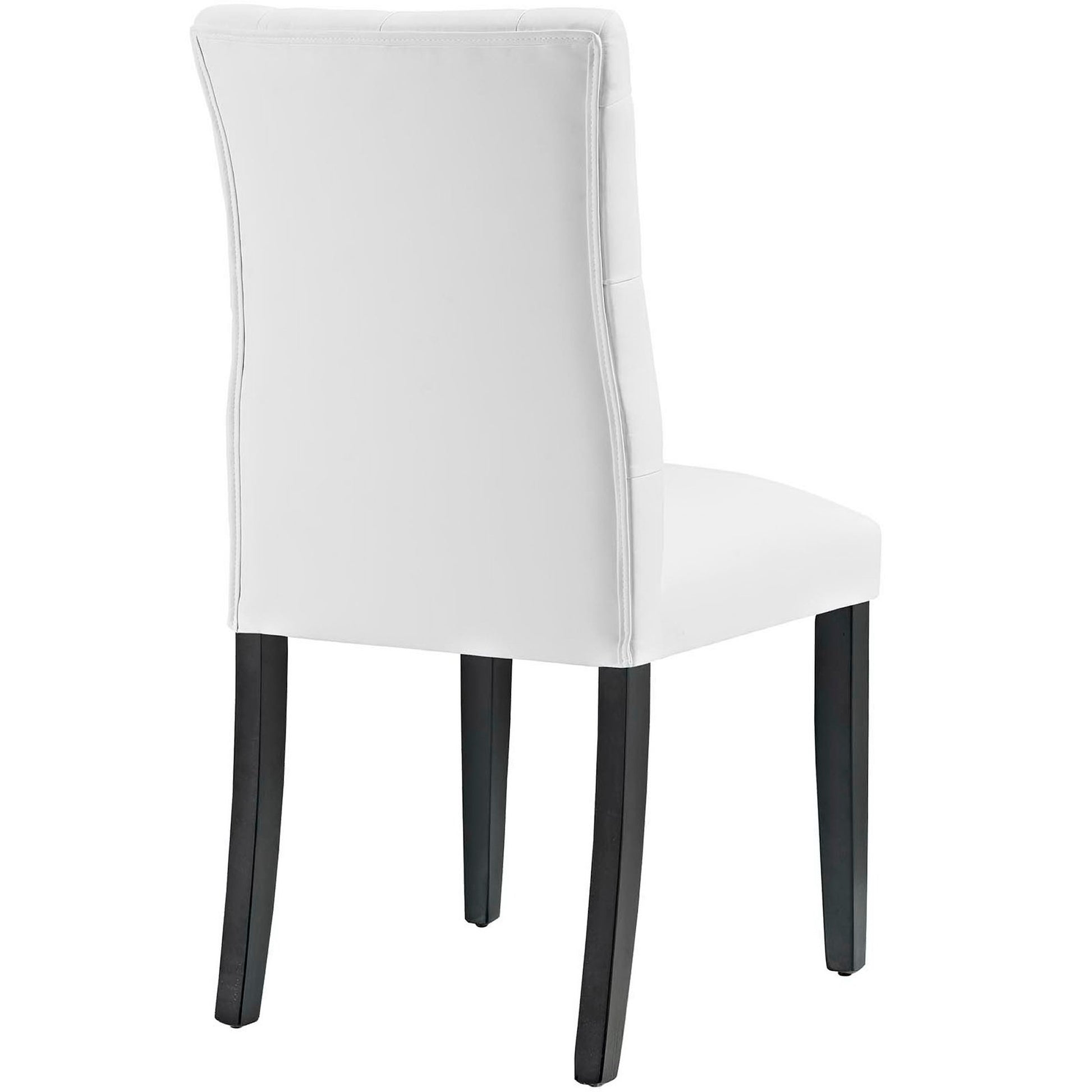 White vinyl dining chair with curved high back, padded seat and dark wood legs