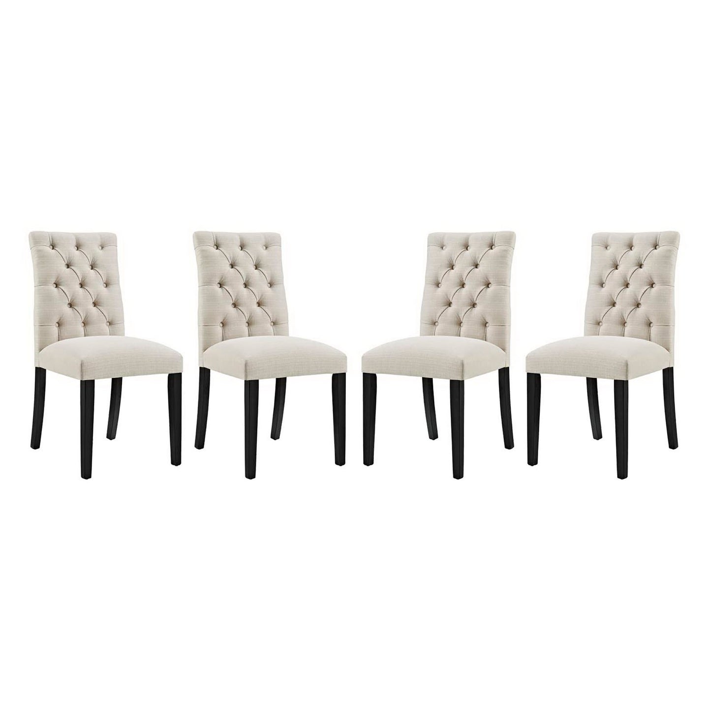 Set of four brown tufted fabric dining chairs with dark wooden legs.