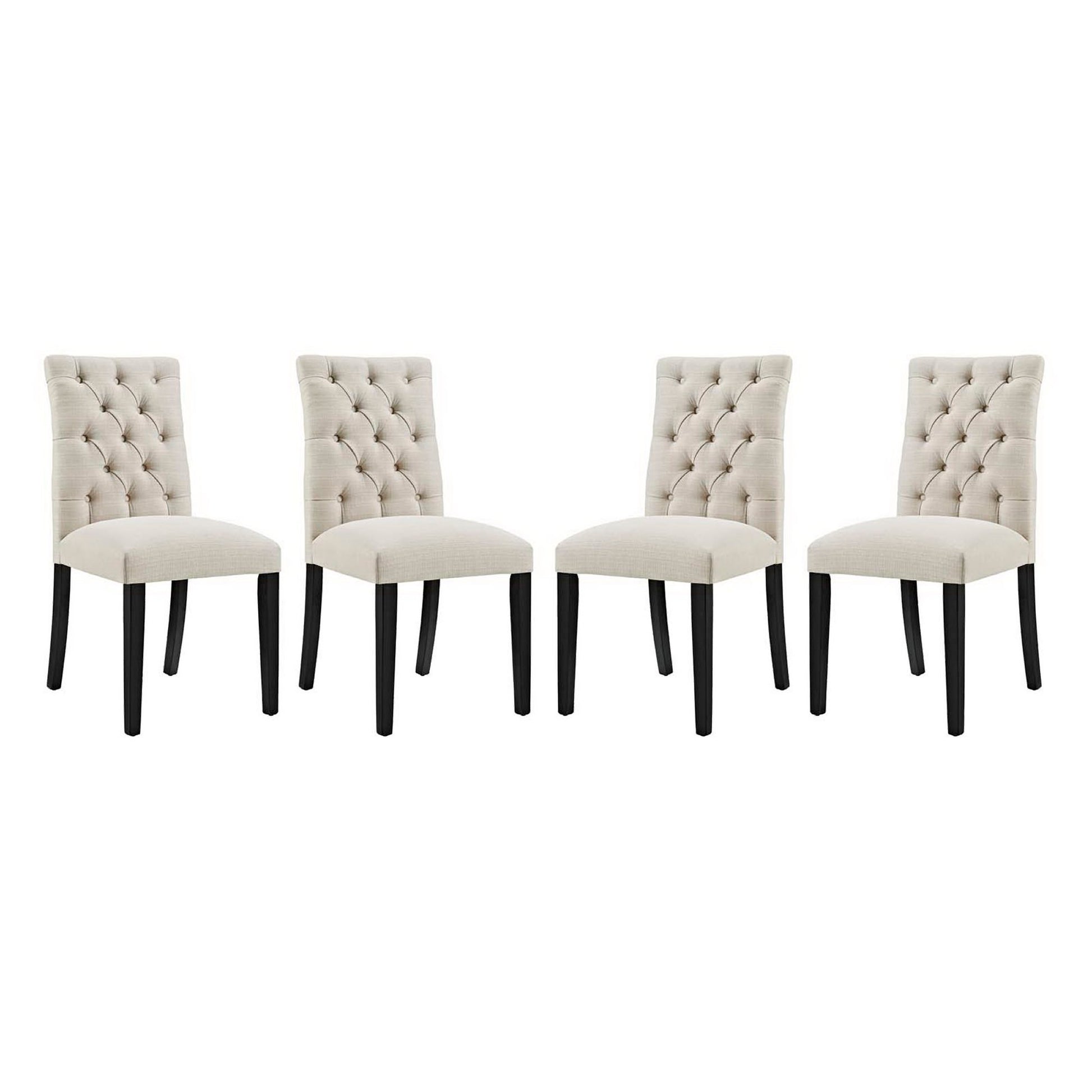Set of four brown tufted fabric dining chairs with dark wooden legs.