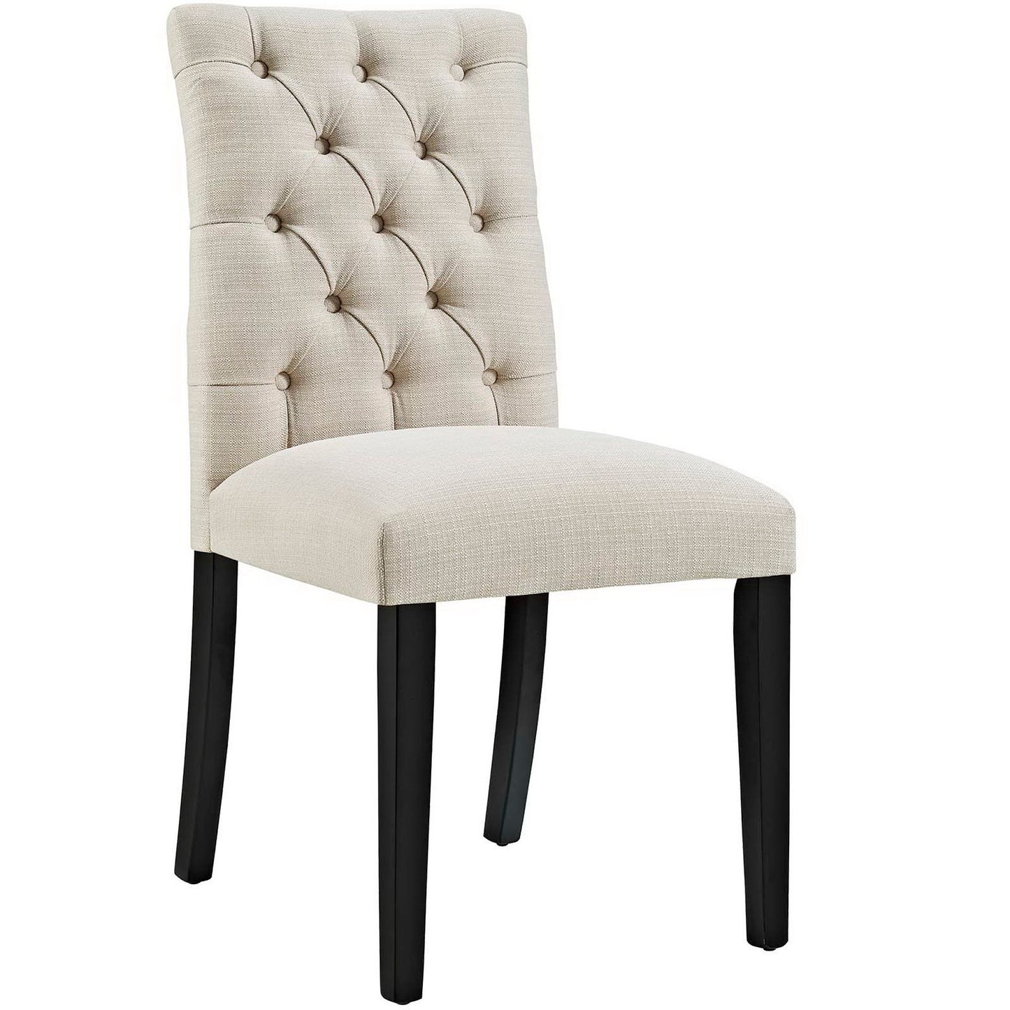 Brown upholstered dining chair with tufted high back, cushioned seat, and dark wood legs.