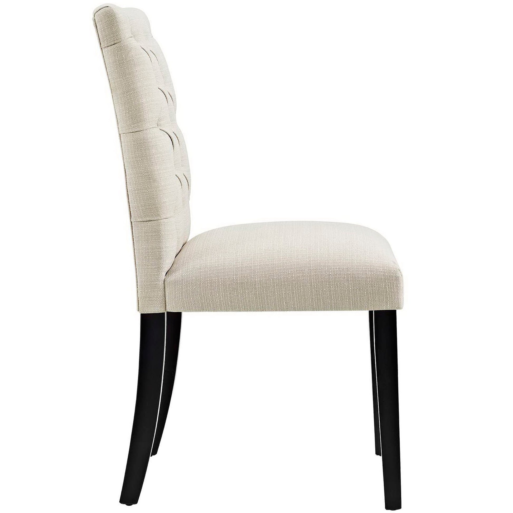 Beige upholstered dining chair with padded back and black wooden legs.