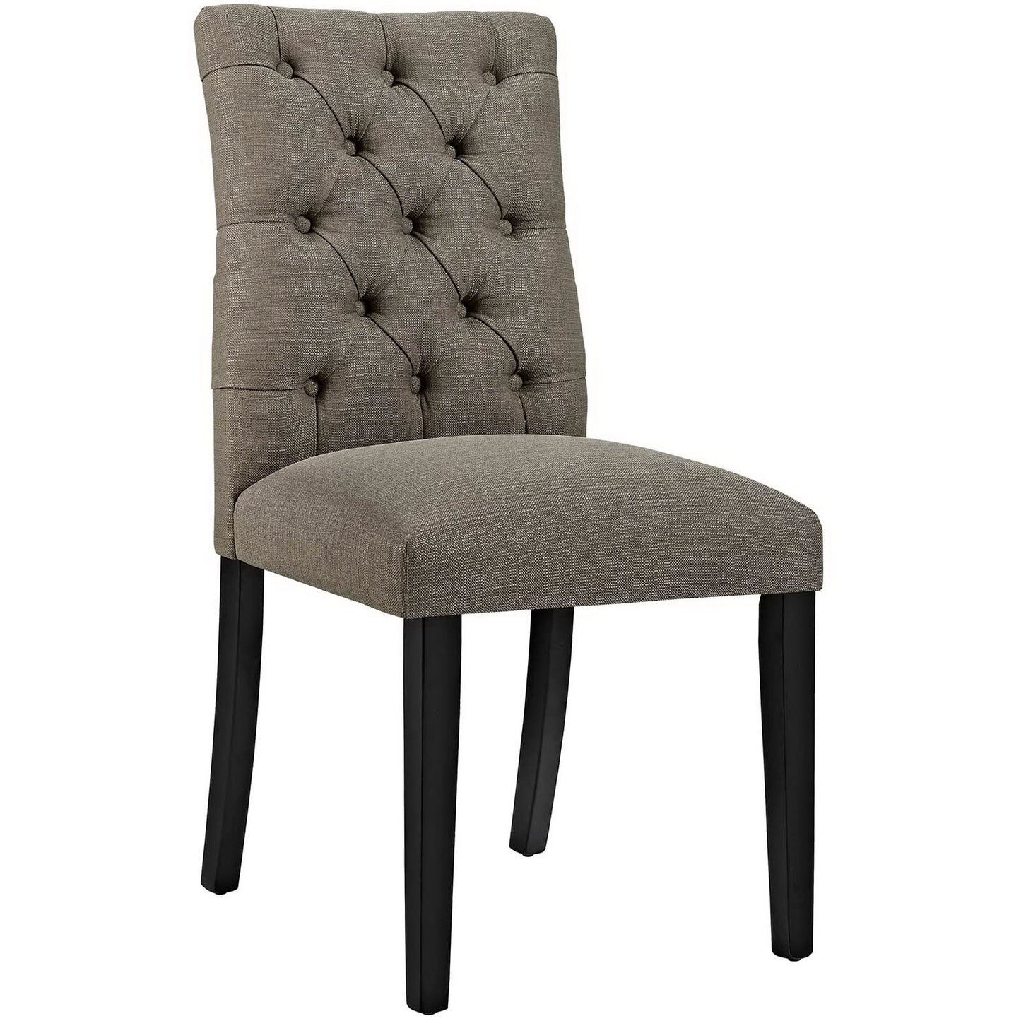 Gray fabric dining chair with a tall tufted back, button detailing, and black-stained wooden legs.