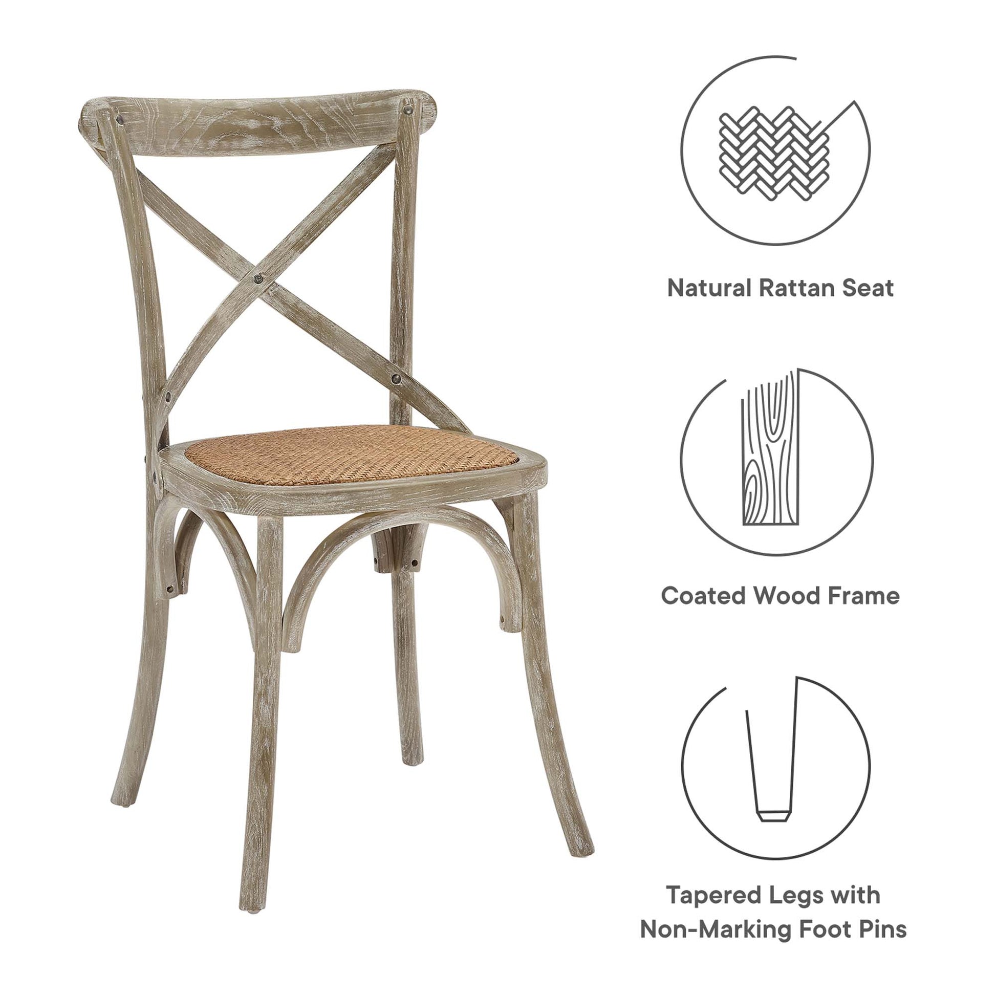 Rustic gray-washed dining side chair with natural rattan seat, cross back, and tapered coated wood legs; set of 2.