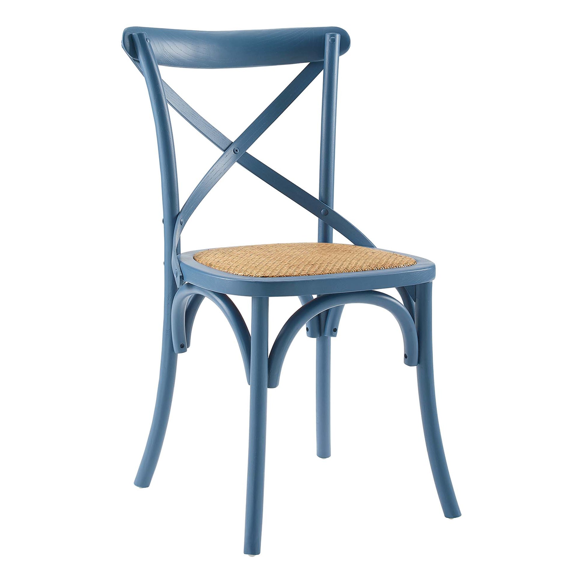 Blue metal cross-back chair with a woven rattan seat and curved legs in a vintage bistro style.