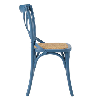 Blue bentwood bistro chair with a woven cane seat and curved backrest, slender arched legs.