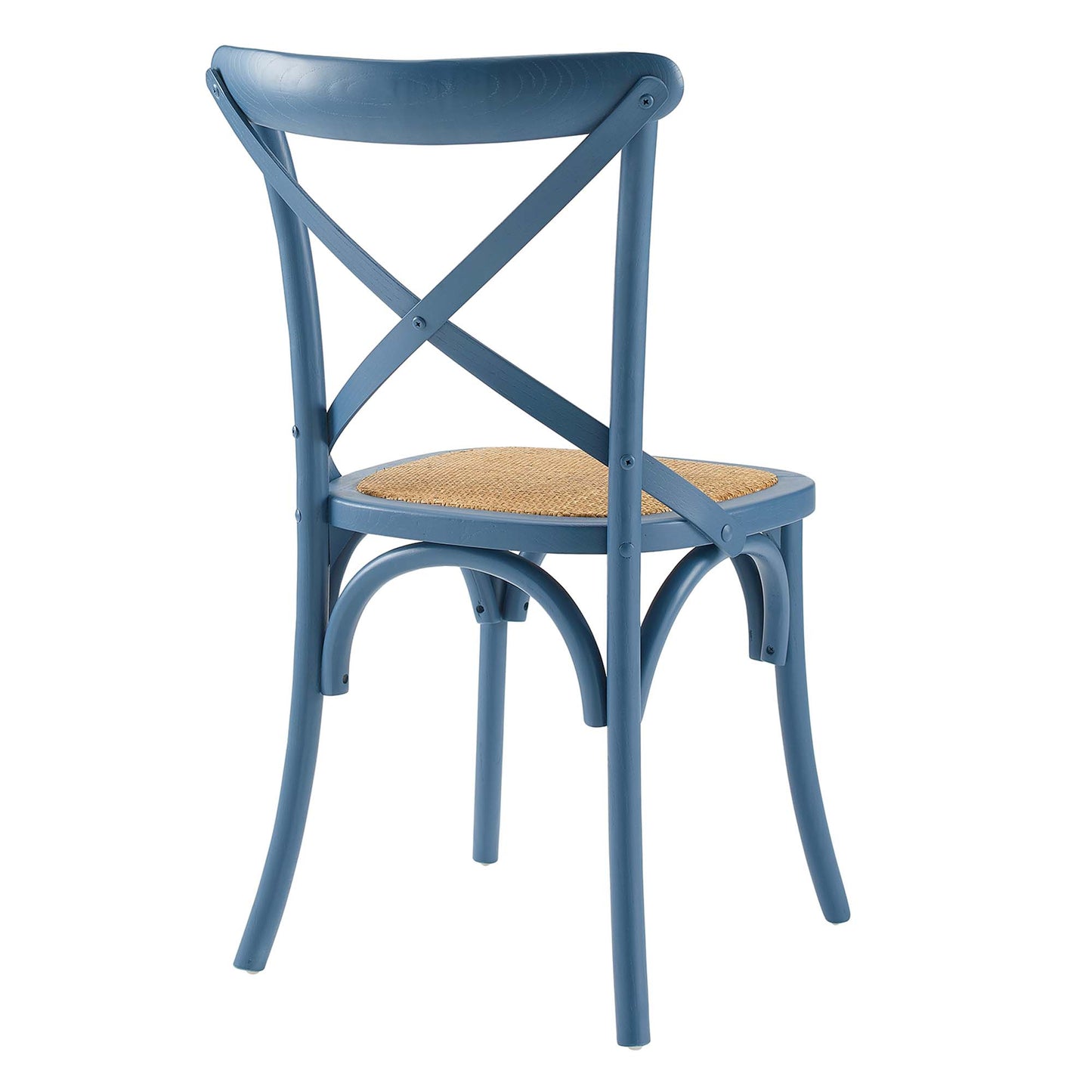 Blue cross-back dining chair with curved legs and natural woven cane seat.