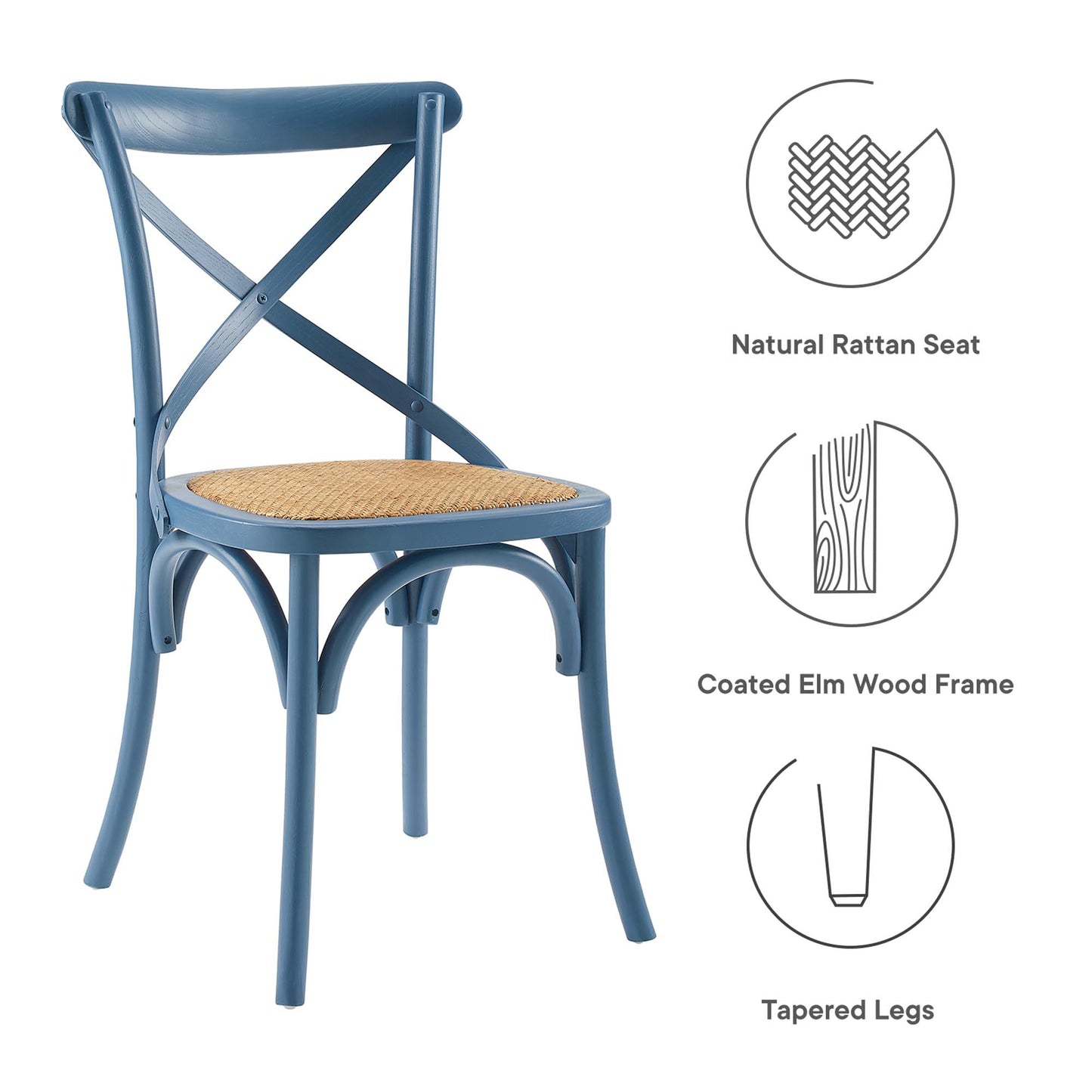 Blue X-back dining chair with natural rattan seat, coated elm wood frame and tapered legs.