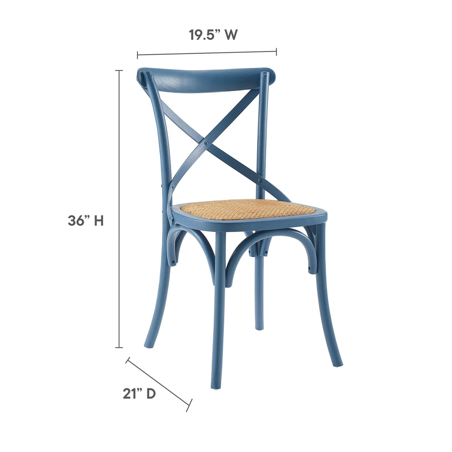 Blue dining side chairs set of 2 with X-back, woven cane seat, curved legs; 36in tall, 19.5in wide, 21in deep.
