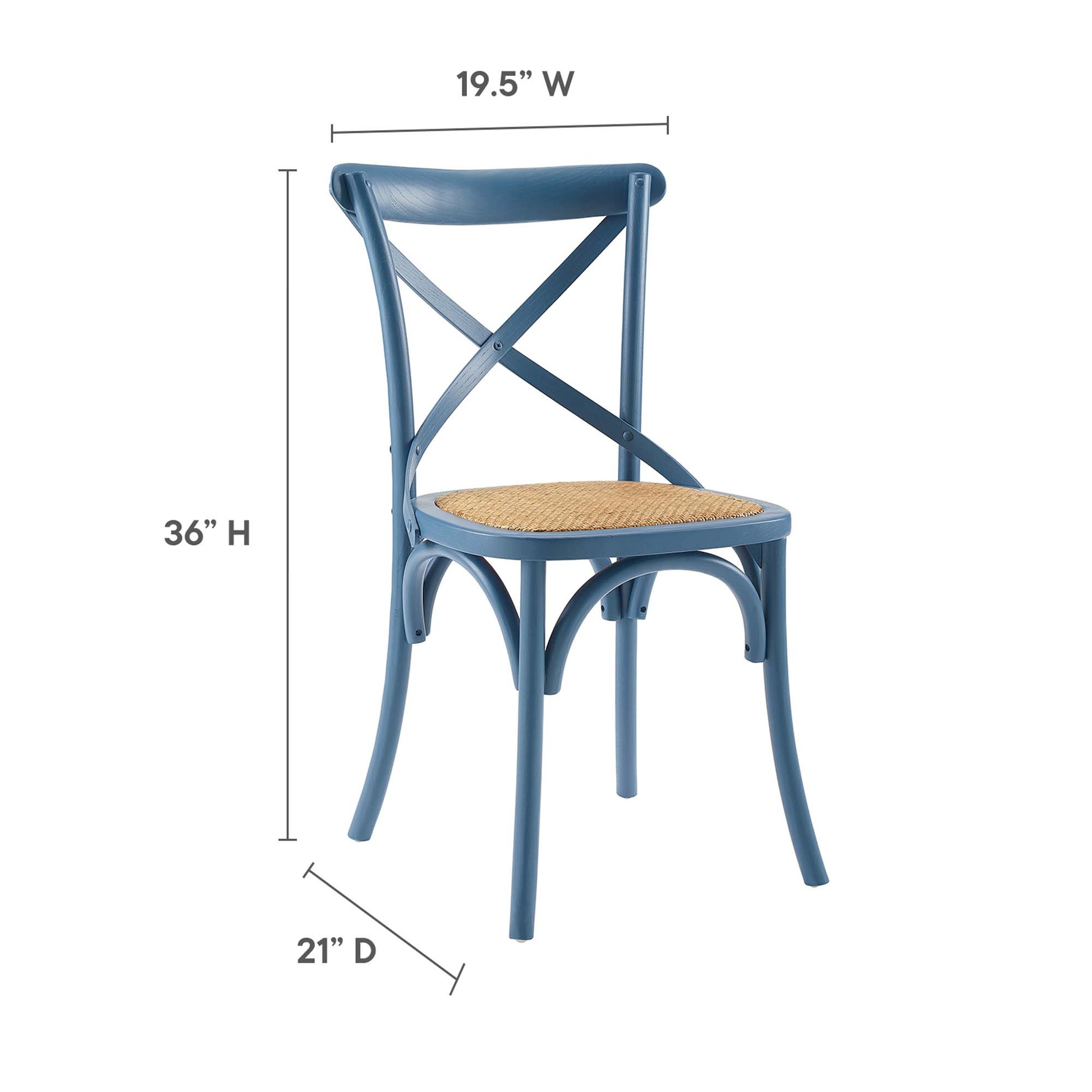 Blue dining side chairs set of 2 with X-back, woven cane seat, curved legs; 36in tall, 19.5in wide, 21in deep.