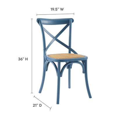 Blue dining side chairs set of 2 with X-back, woven cane seat, curved legs; 36in tall, 19.5in wide, 21in deep.