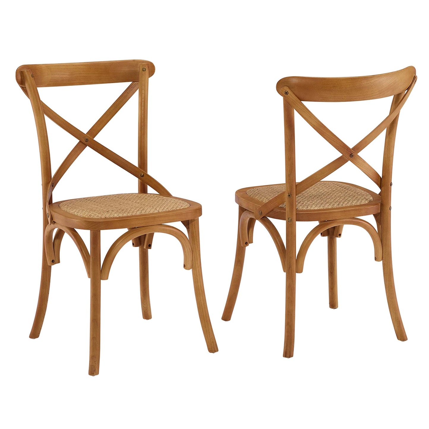 Pair of natural walnut-finish wood chairs with X-back and woven cane seats