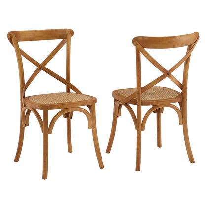Pair of natural walnut-finish wood chairs with X-back and woven cane seats