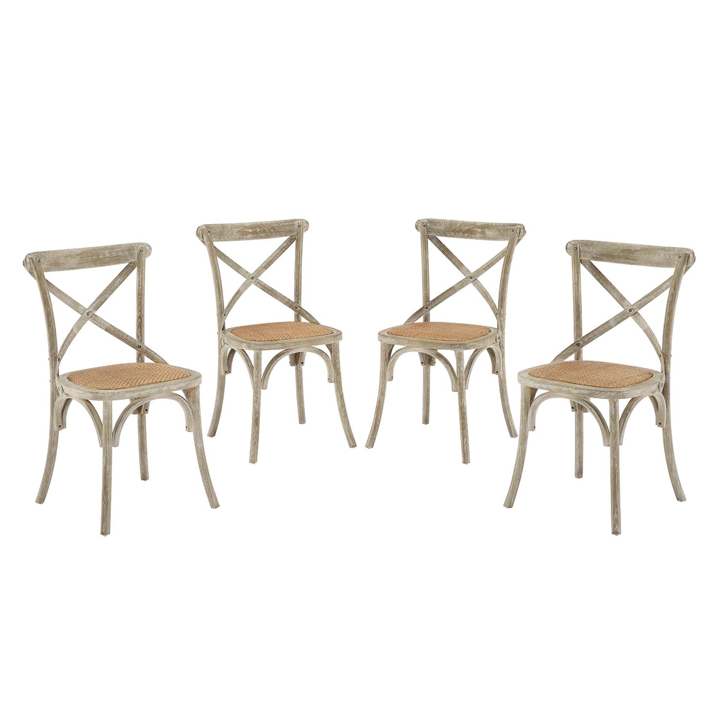 Four gray distressed cross-back dining chairs with woven cane seats, rustic vintage style.