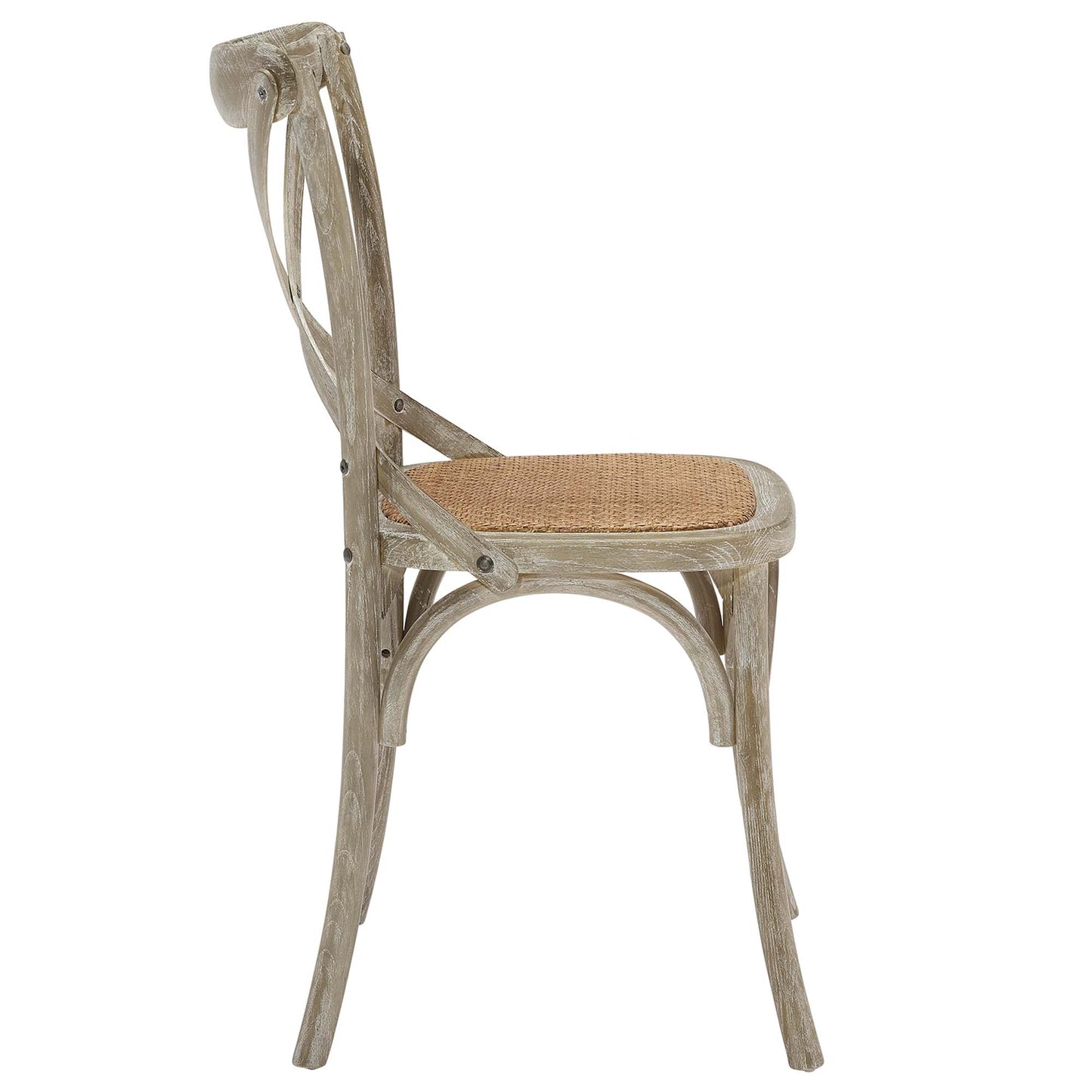 Weathered gray wooden chair with a woven cane seat & curved backrest in rustic vintage design.