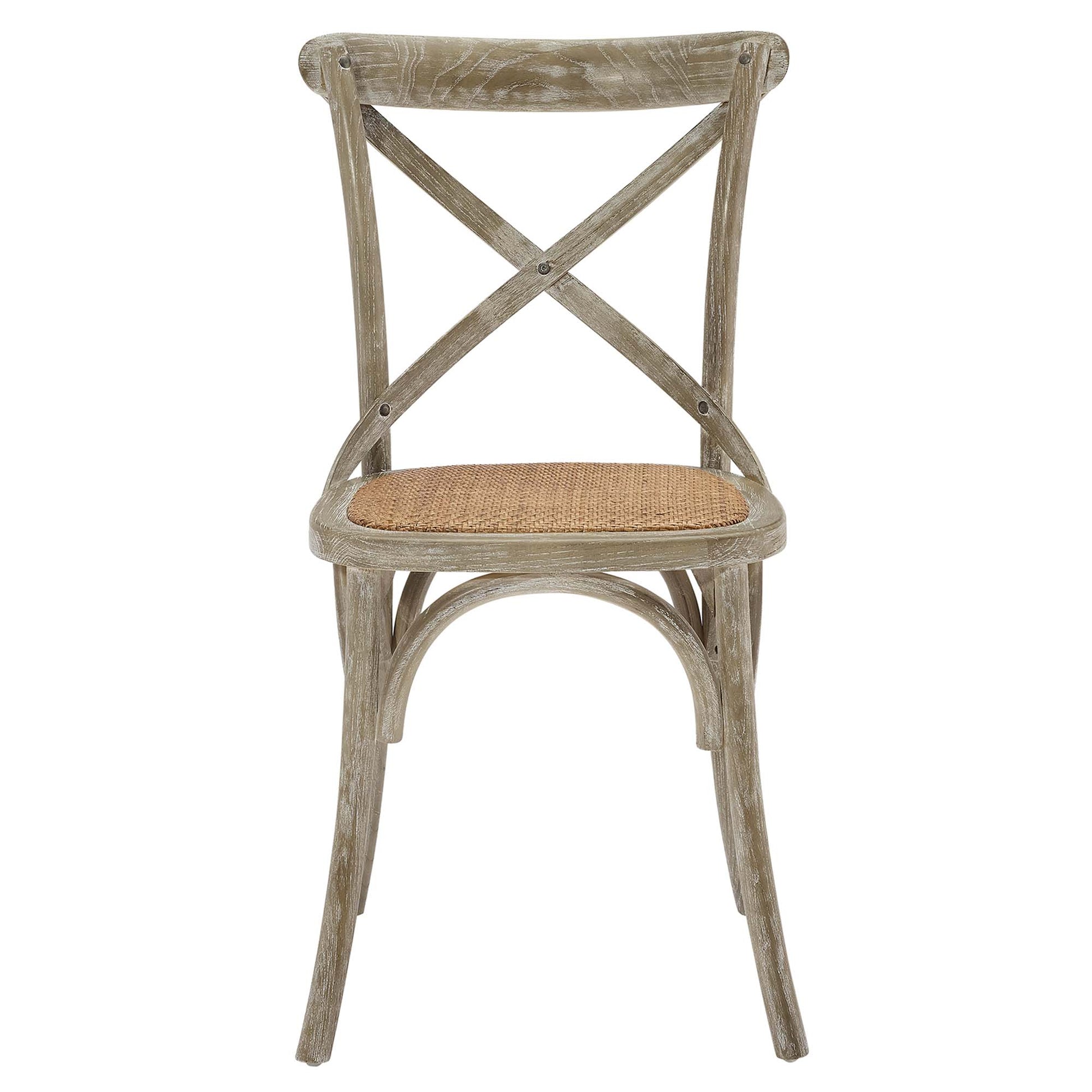 Weathered gray cross-back dining side chairs with woven seagrass seats and curved legs (set of 4)