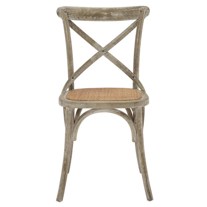 Weathered gray cross-back dining side chairs with woven seagrass seats and curved legs (set of 4)