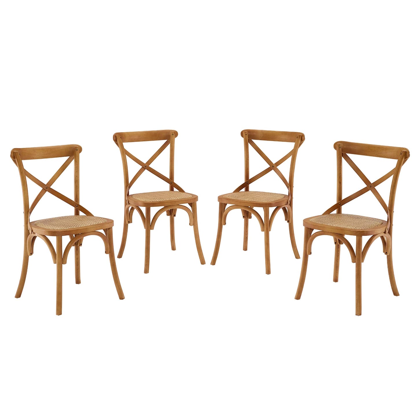 Set of four walnut wood dining chairs featuring cane seats and X-back, curved legs.