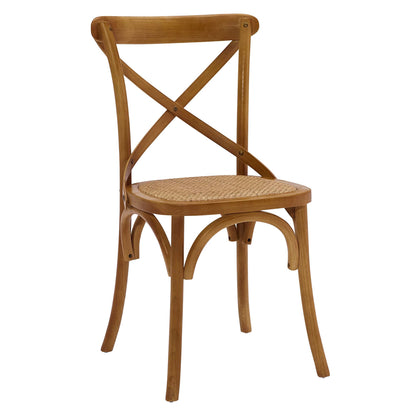 Walnut-finish wooden chair with cane seat and X-back design, curved legs.