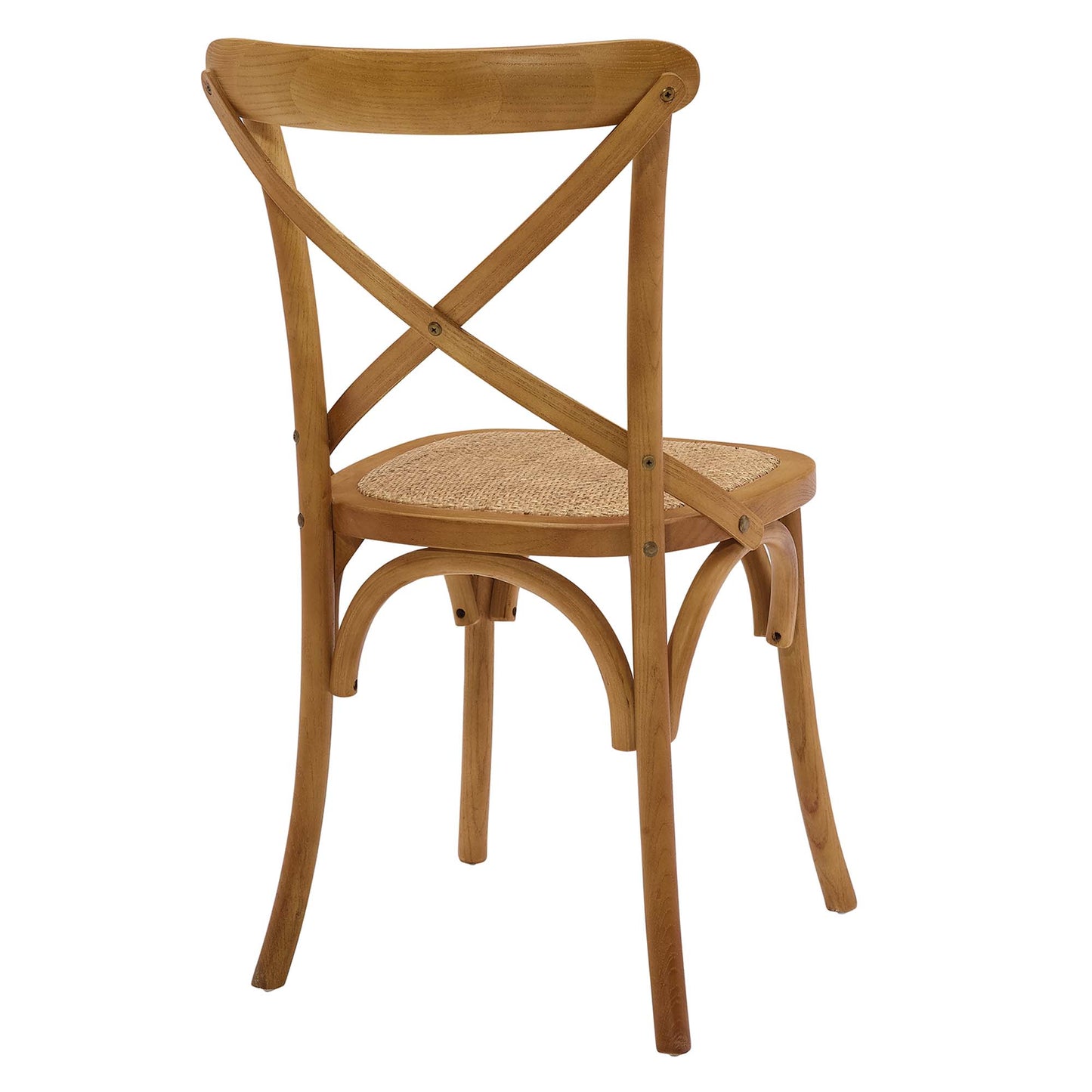 Walnut-finish wooden dining chair with cane seat & curved bentwood legs, X-back design