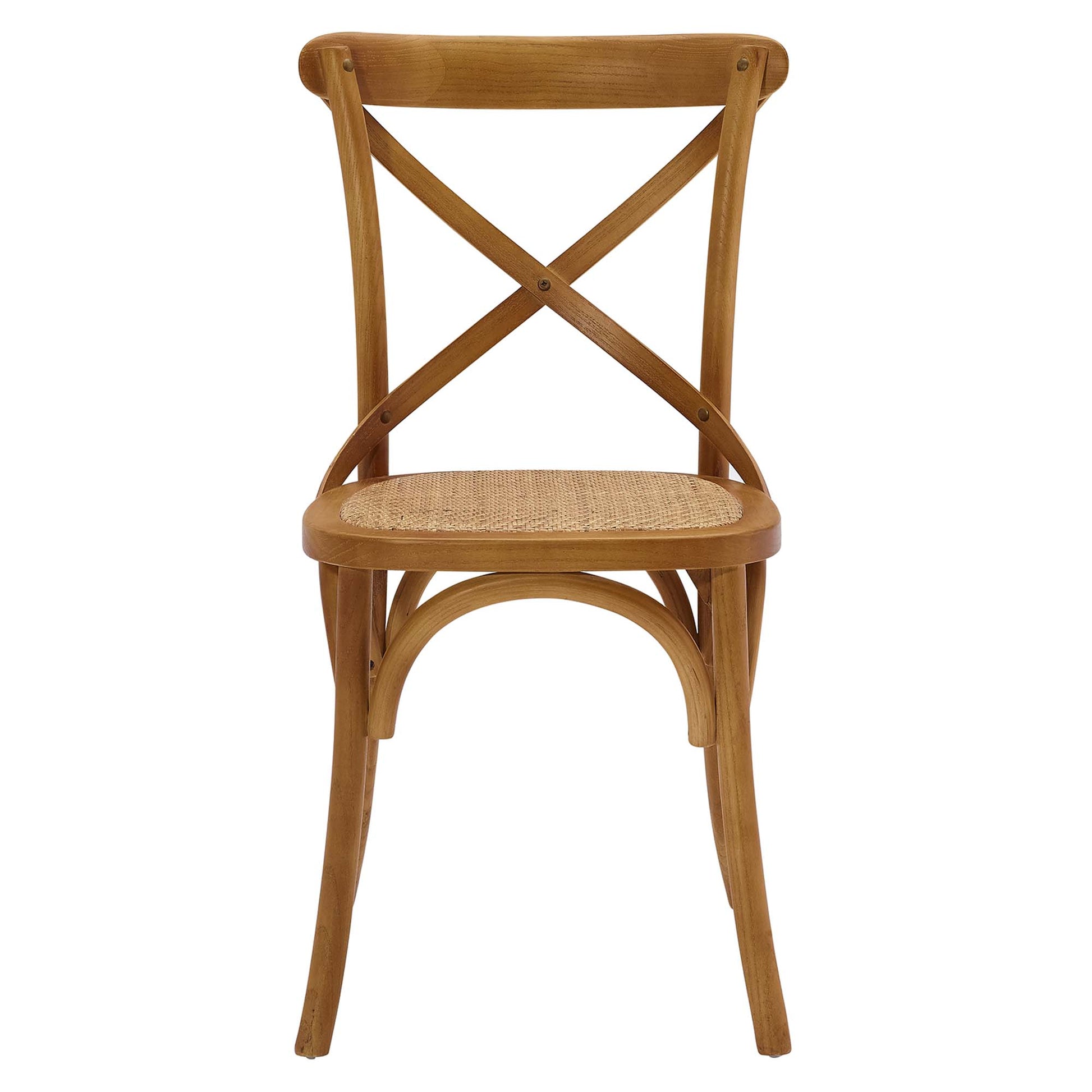 Walnut-finish wooden dining chair with a woven cane seat and cross X-back, curved legs.