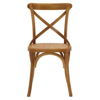 Walnut-finish wooden dining chair with a woven cane seat and cross X-back, curved legs.