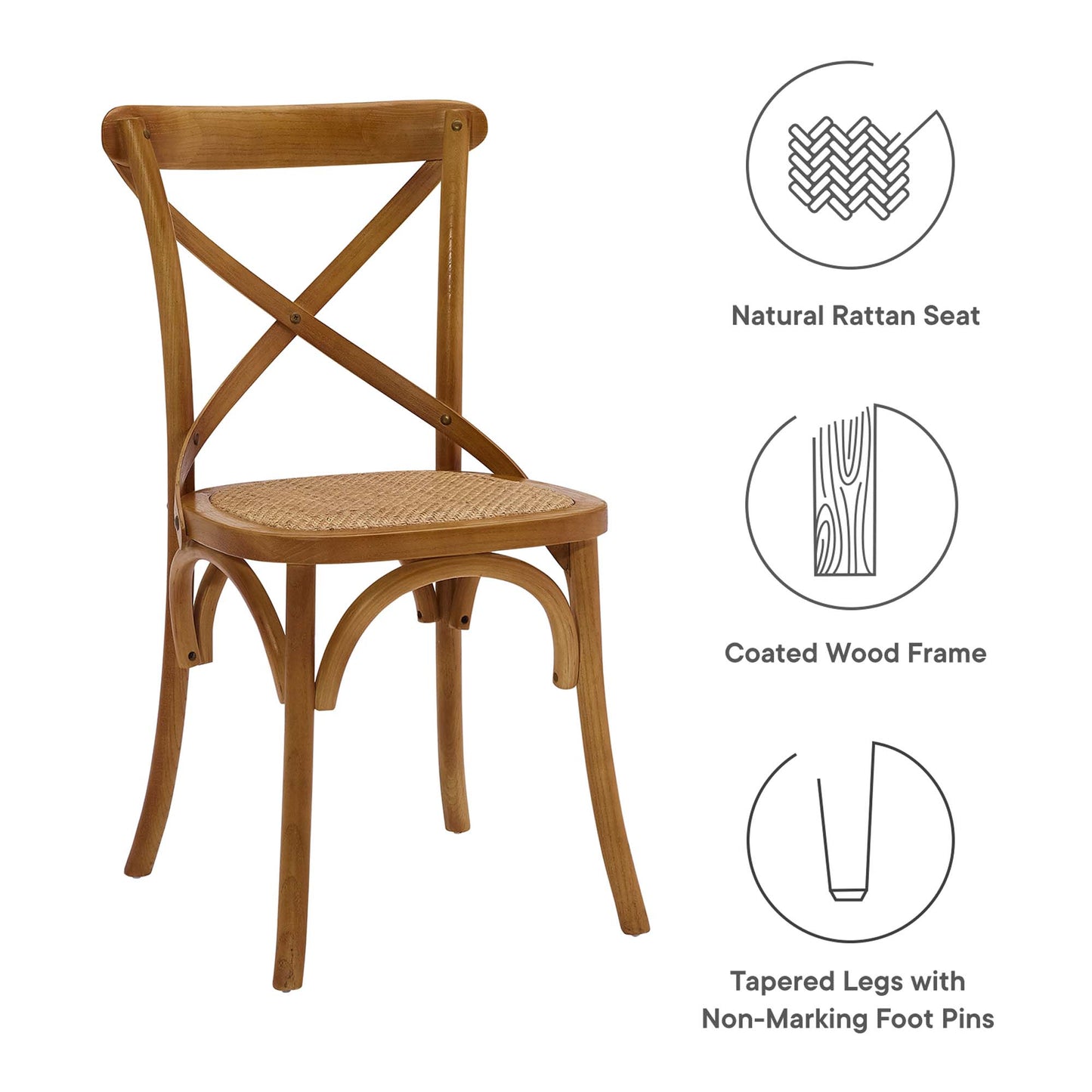 Walnut-finish wooden dining chair with natural rattan seat, X-back, curved tapered legs, non-marking feet
