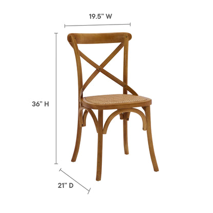 Walnut-finish wooden cross-back dining chair with woven cane seat, 19.5"W x 36"H x 21"D.