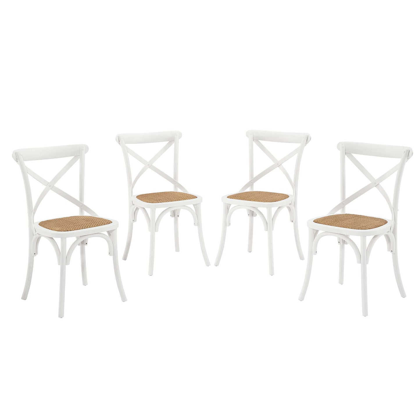 Set of four white wooden dining chairs with cross-back design and cane seats.