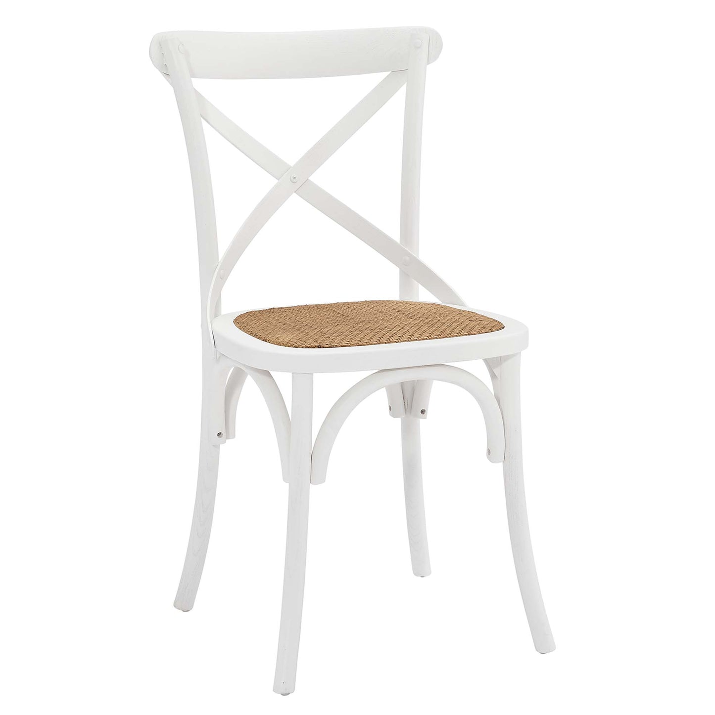 White cross-back dining chair with round woven cane seat and curved legs.