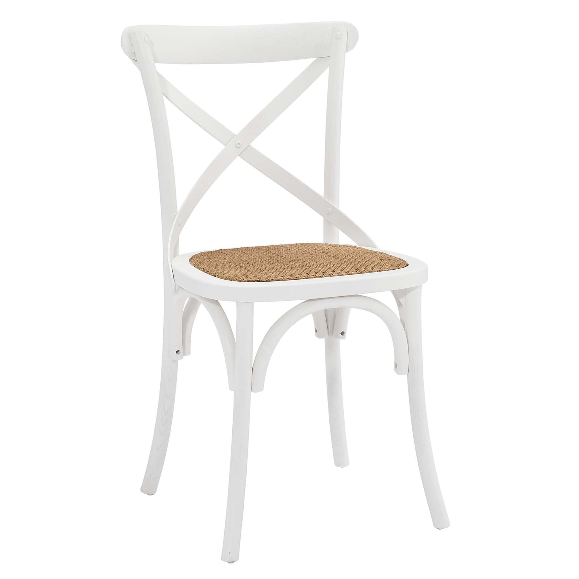 White cross-back dining chair with round woven cane seat and curved legs.