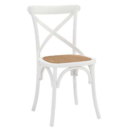 White cross-back dining chair with round woven cane seat and curved legs.