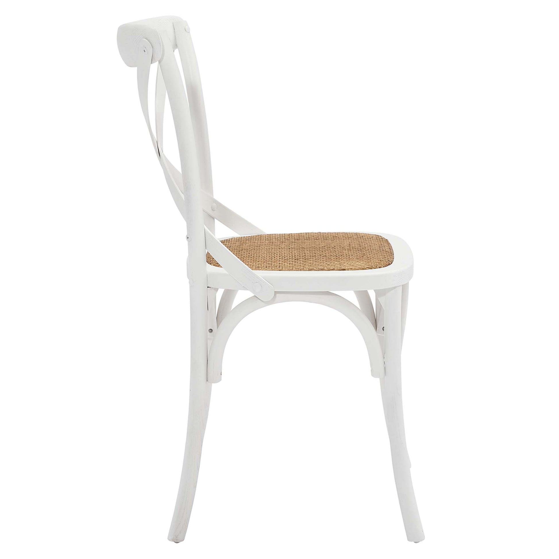 White wooden cafe chair with woven rattan seat, curved legs and backrest.