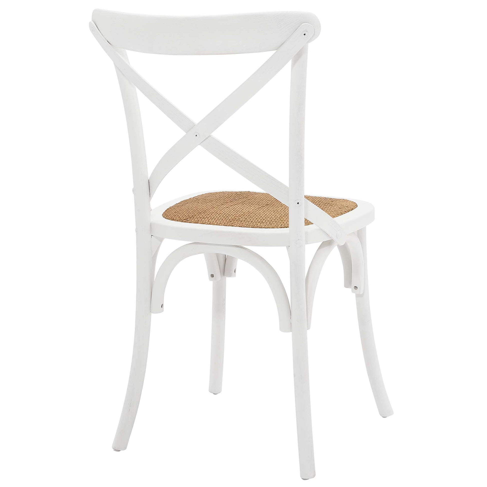 White wooden dining chair with X-back and woven rattan seat, retro bistro style.