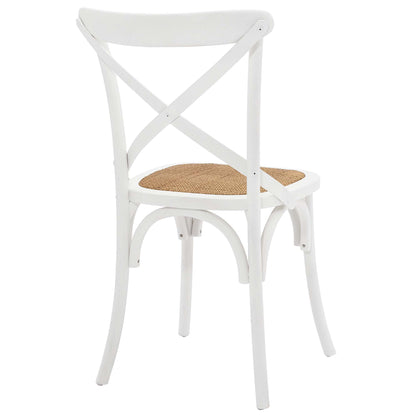 White wooden dining chair with X-back and woven rattan seat, retro bistro style.
