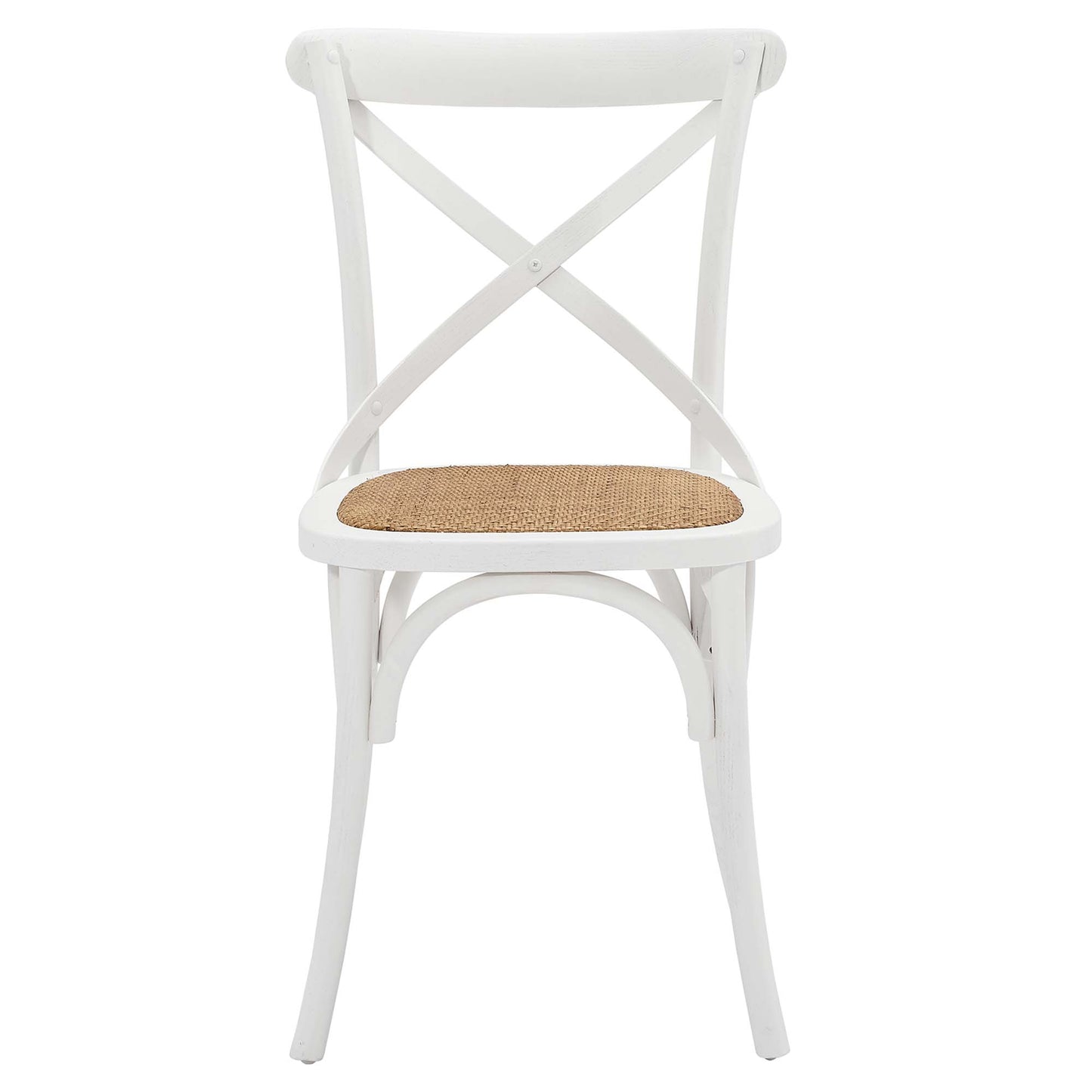 White dining chair with an X-back and a woven seat.
