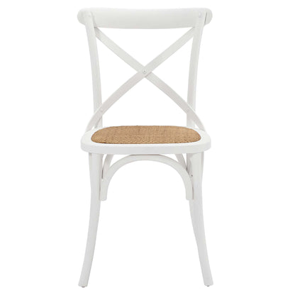White dining chair with an X-back and a woven seat.