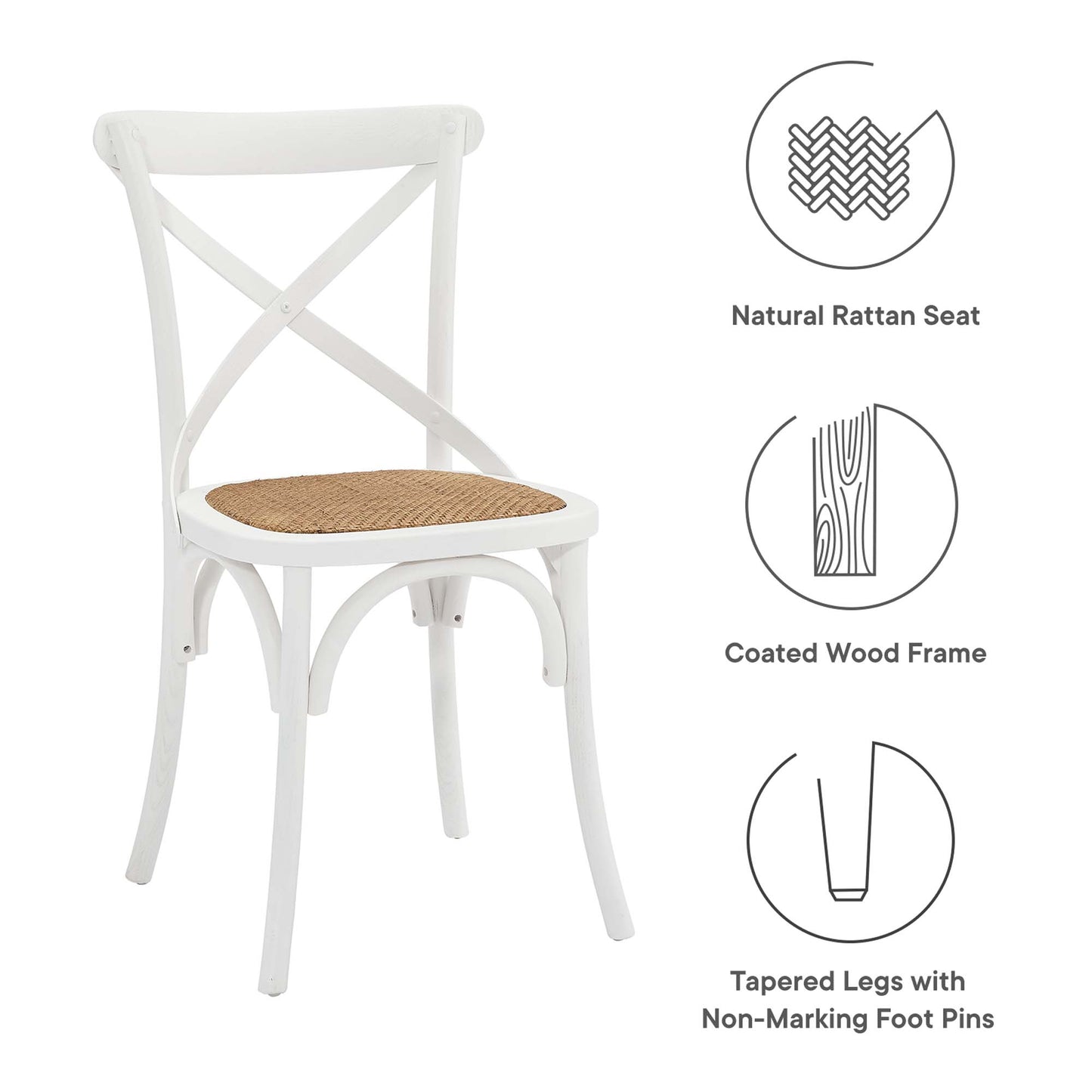 White coated wood dining chair with natural rattan seat, crisscross X-back, tapered legs, non-marking feet.