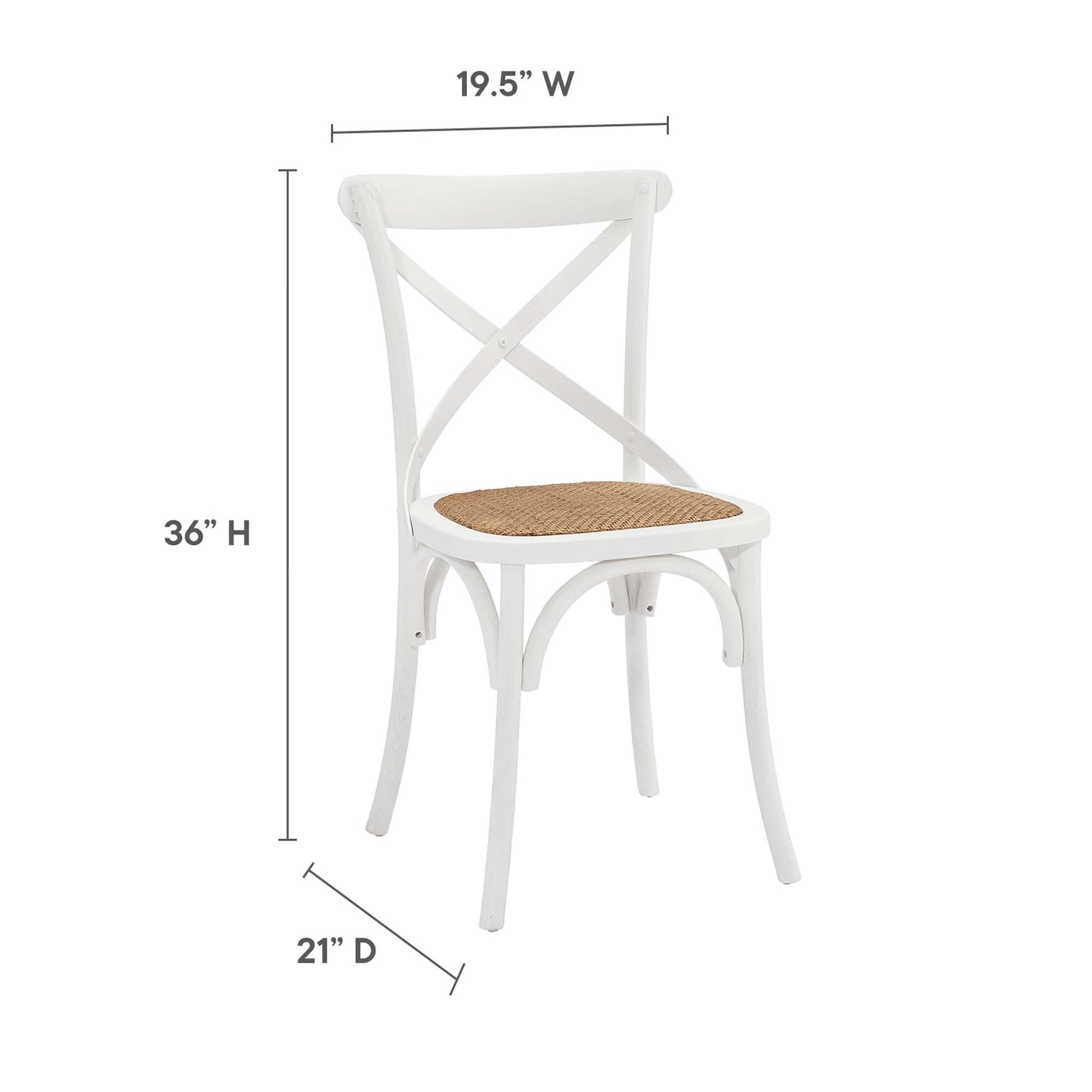 White wooden cross-back dining chair with a woven cane seat; 19.5"W x 36"H x 21"D, for dining.