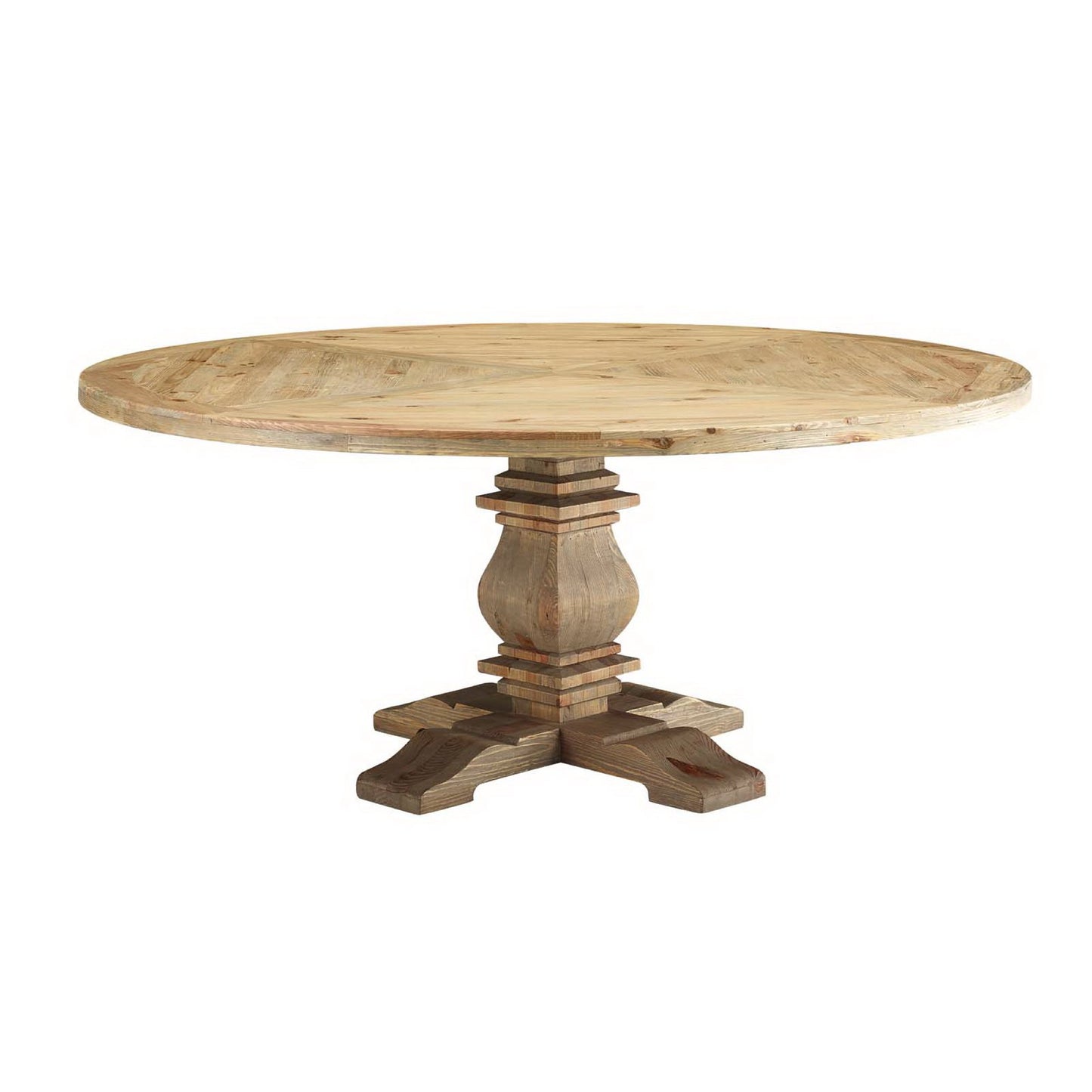 Round pine wood dining table with a chunky turned pedestal base and cross-shaped feet.