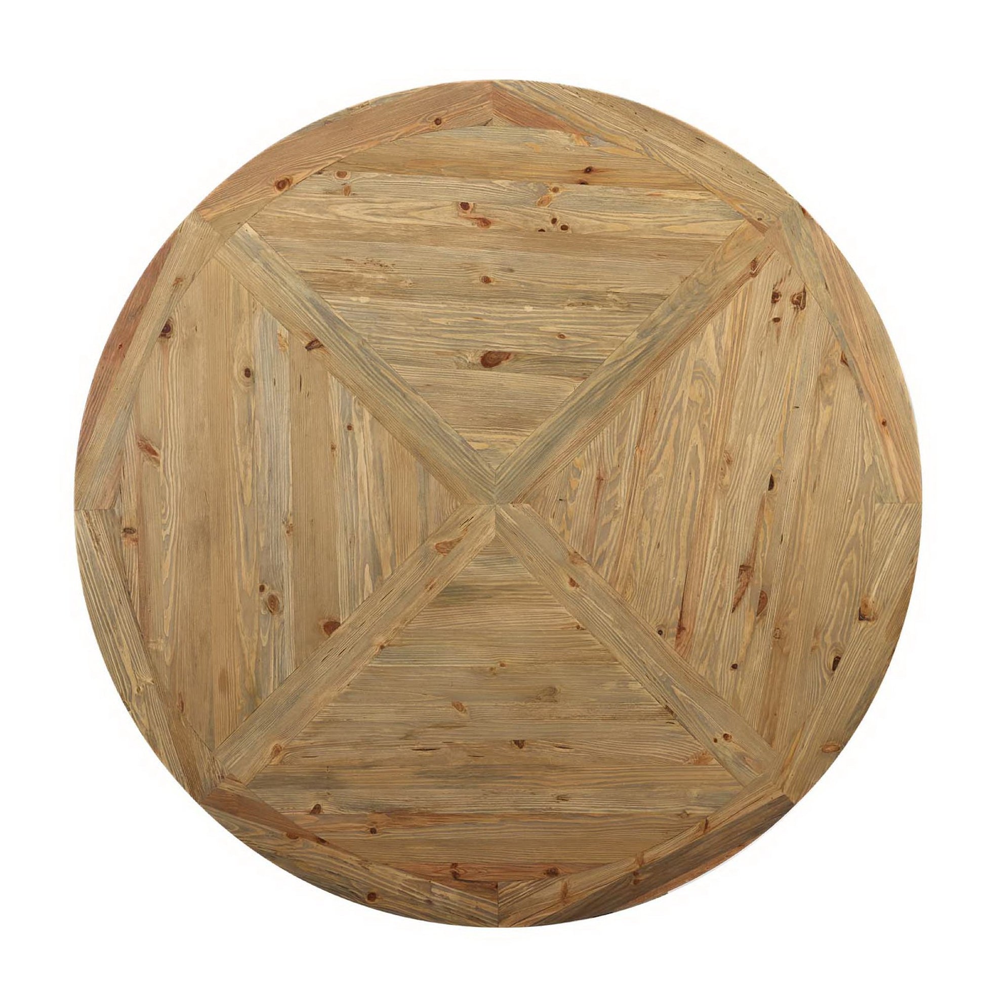 Round natural wood table top with parquet-style cross pattern in light brown tones.