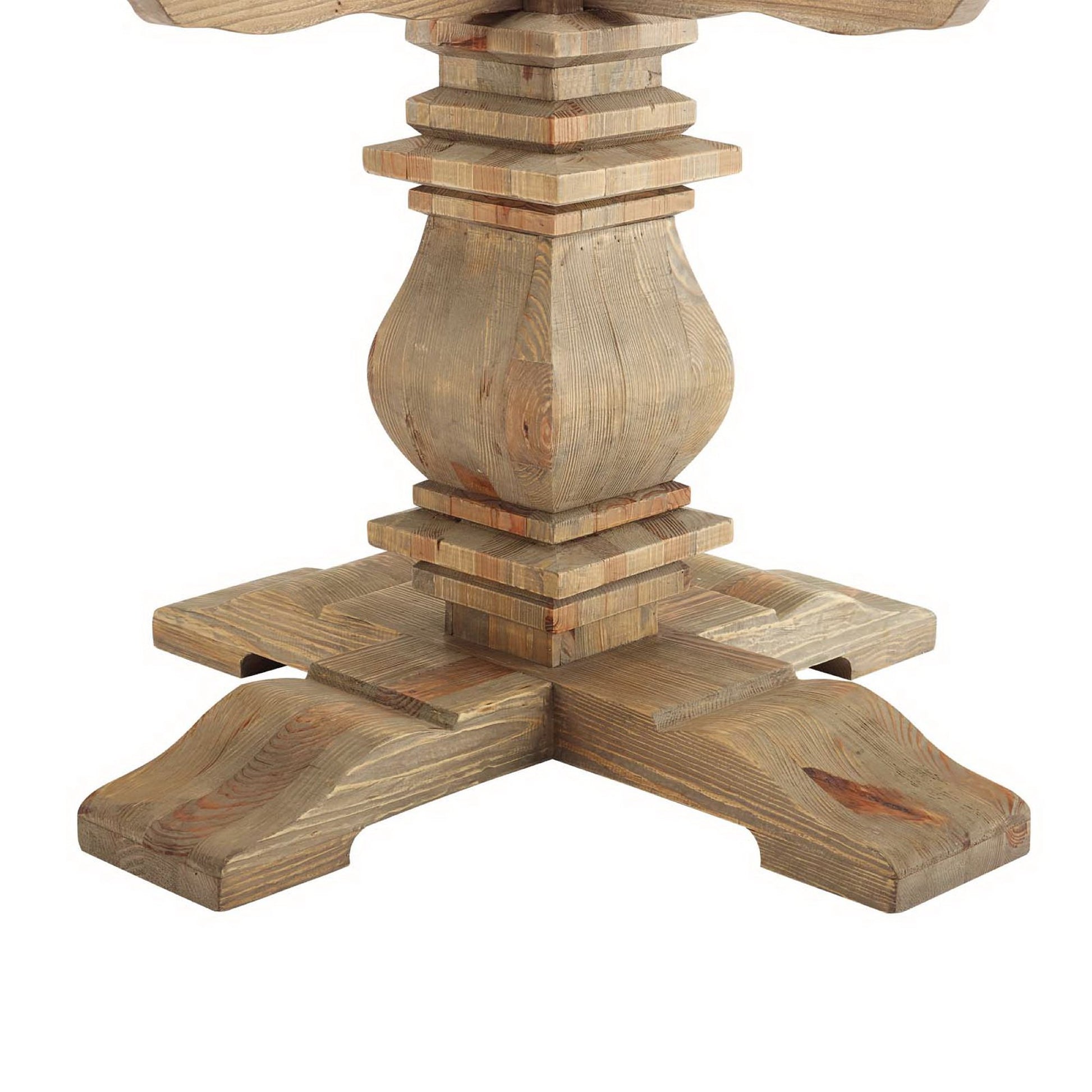 Rustic brown wooden pedestal base with a turned center column, stacked block accents, and cross-legged feet.