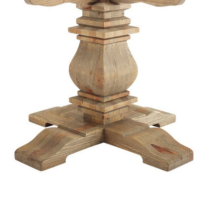 Rustic brown wooden pedestal base with a turned center column, stacked block accents, and cross-legged feet.