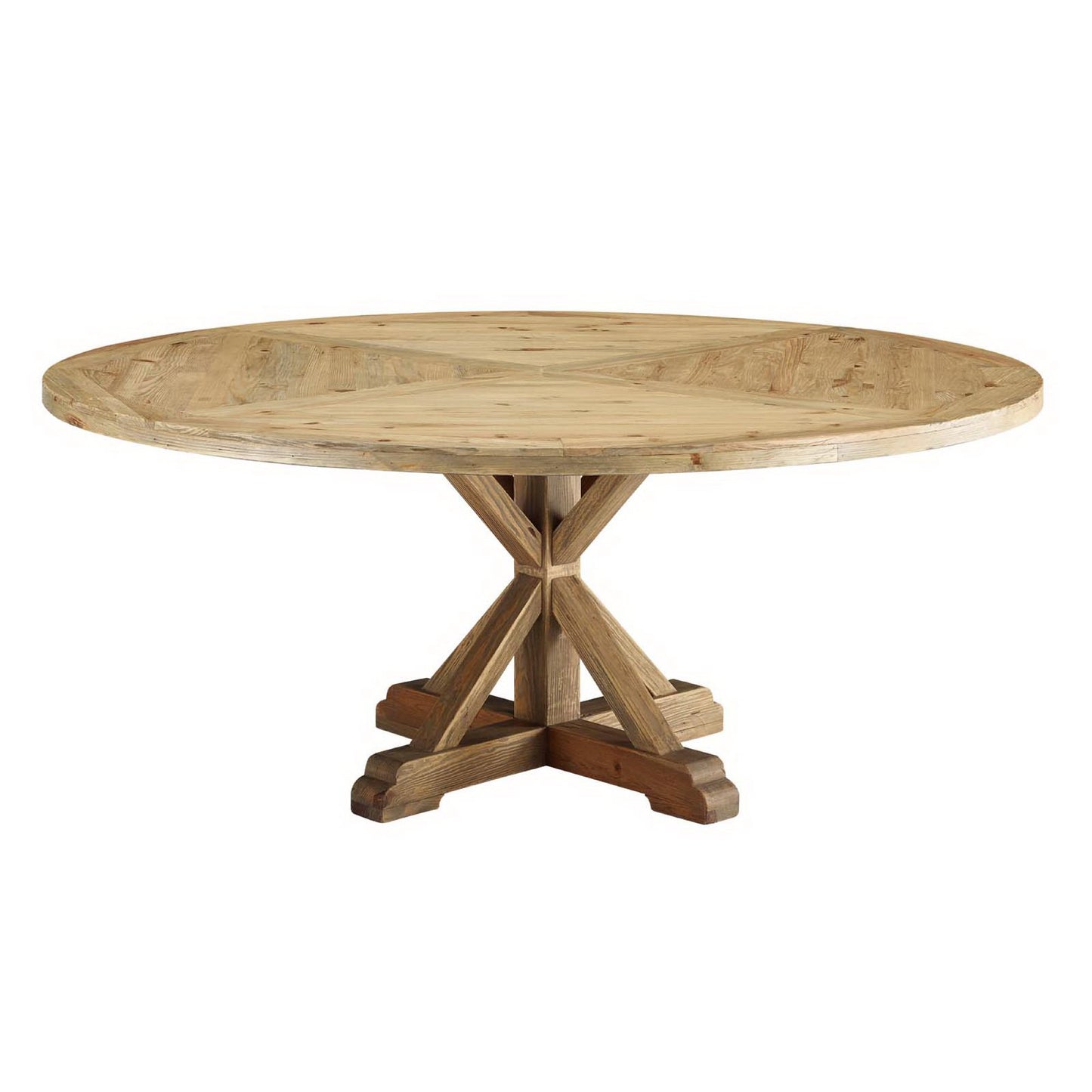 Round 71-inch pine wood dining table with a brown cross X-style pedestal base.