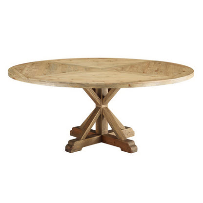 Round 71-inch pine wood dining table with a brown cross X-style pedestal base.