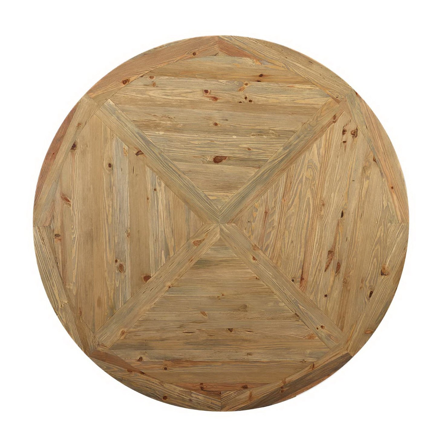 Round natural wood table top with X-shaped plank pattern and visible knots; rustic brown finish.