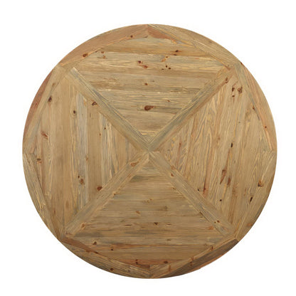 Round natural wood table top with X-shaped plank pattern and visible knots; rustic brown finish.